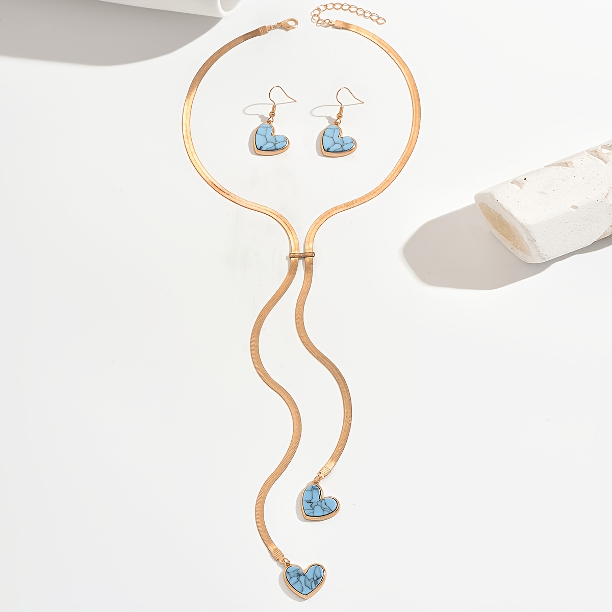 3pcs Blue Heart Imitation Turquoise Snake Bone Chain Set